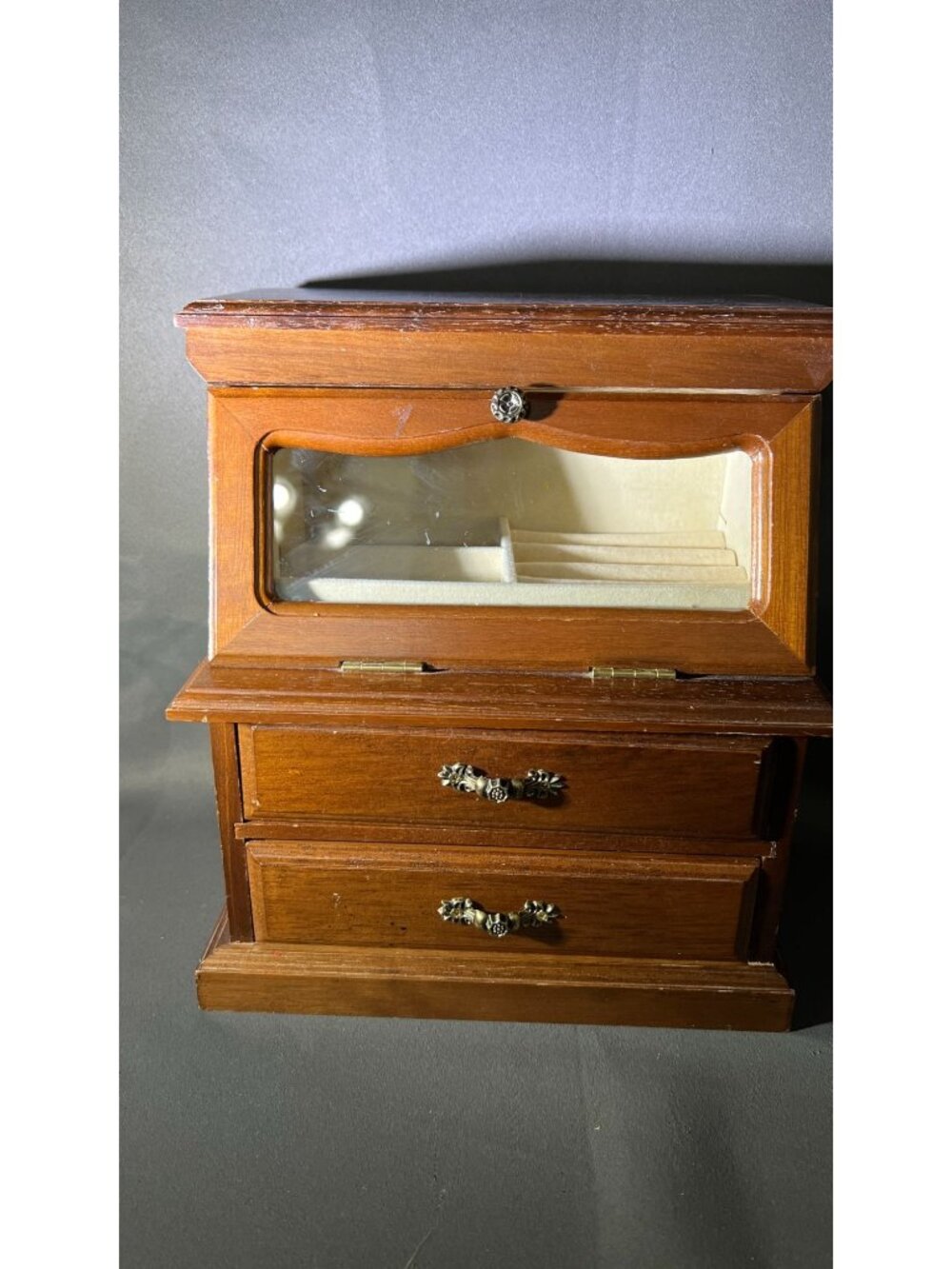 Vintage Wooden Jewelry Box With Glass Top & Floral Drawer Handles
